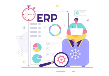 ERP Girişim Kaynak Planlama Sistemi İşletme Entegrasyonu, Üretim ve Şirket Geliştirme Arkaplanı İle Vektör İllüzyonu