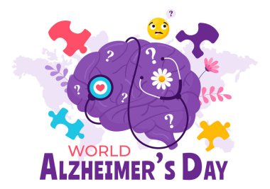 Dünya Alzheimer Günü Vektör İllüstrasyonunda bir Yaşlı ve bir Beyin Yapbozu Mor Kurdele Düz Arkaplanındaki Anıları Sembolize Ediyor