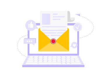 Dosya Yazışmaları İletisi, Elektronik Posta İletisi ve Düz Çizgi Film Arkaplanındaki İş Pazarlaması ile E- posta Hizmeti Vektörü Resimleri