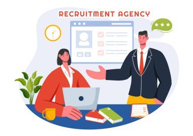 Yöneticilerin Düz Biçim Karikatür Arkaplanındaki İş Pozisyonları için Adayları Seçtiği Vektör İllüstrasyonu