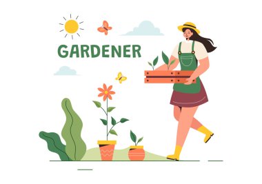 Bahçıvan Vektör İllüstrasyonu Bahçe Aletleri, Tarım ve Büyüyen Sebzelerle Botanik Yaz Bahçesi Düz Tarz Çizgi Filmi