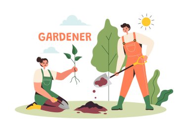 Bahçıvan Vektör İllüstrasyonu Bahçe Aletleri, Tarım ve Büyüyen Sebzelerle Botanik Yaz Bahçesi Düz Tarz Çizgi Filmi