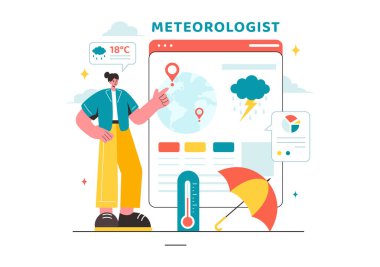 Meteorologist Vector Illustration with Weather Forecast and Atmospheric Precipitation Map in a Flat Style Cartoon Background Design clipart