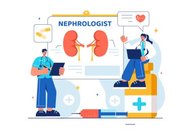 Bir kardiyolog, proktolog ve düz stil sağlık geçmişi üzerine böbrek tedavisi sunan nefrolog Vektör İllüstrasyonu