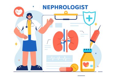 Bir kardiyolog, proktolog ve düz stil sağlık geçmişi üzerine böbrek tedavisi sunan nefrolog Vektör İllüstrasyonu