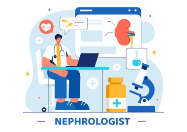 Bir kardiyolog, proktolog ve düz stil sağlık geçmişi üzerine böbrek tedavisi sunan nefrolog Vektör İllüstrasyonu