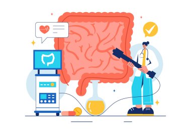 Bir Proktolog veya Kolonoskopi Doktoruyla Kolonu İnceleme ve Düz Biçim Çizim Arkaplanındaki Zararlı Bakterileri Gösterme