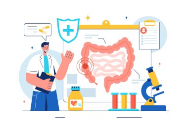 Bir Proktolog veya Kolonoskopi Doktoruyla Kolonu İnceleme ve Düz Biçim Çizim Arkaplanındaki Zararlı Bakterileri Gösterme
