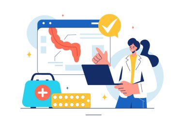 Bir Proktolog veya Kolonoskopi Doktoruyla Kolonu İnceleme ve Düz Biçim Çizim Arkaplanındaki Zararlı Bakterileri Gösterme