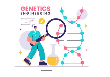 Genetik Mühendisliği ve DNA Modifikasyonlarını Düz Çizgi Film Biçimi Arkaplanındaki Genetik Araştırma veya Deneysel Bilimcilerle Vektör Resmetme