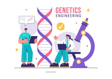Genetik Mühendisliği ve DNA Modifikasyonlarını Düz Çizgi Film Biçimi Arkaplanındaki Genetik Araştırma veya Deneysel Bilimcilerle Vektör Resmetme