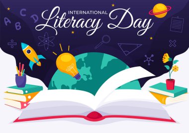 8 Eylül 'de Uluslararası Edebiyat Günü Vekil İlüstrasyonunda Eğitimsel Tatil Karikatürü Arkaplanında Kitaplar ve Eğitim Malzemeleri