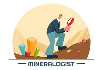 Doğal Taş ve Mücevher veya Kimyasal Reaksiyonlar İçin Mineralojist ve Mineral Yapıları Düz Tarz Çizim Arkaplanında Vektör ResimleriName