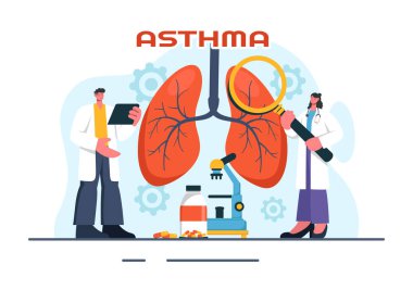 Astım Hastalığı Vektörü İllüstrasyonu İnsan Ciğerleri ve Sağlık Hizmetleri Düz Tarzında Nefes Almak İçin Solunum Cihazları Çizgi Filmi
