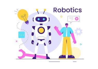 Teknoloji ve Mühendislikle İletişim kuran Yapay Zeka Robotlarının Robotik Vektör İlülasyonu, Bir Ampul ve Vites Aracı