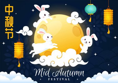 Fenerleri ve ay çöreklerini taşıyan Tavşanlarla Mutlu Sonbahar Festivali Vektör Resimleri, Arka planda Dolunay Gecesini Kutluyor