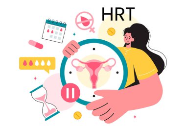 HRT or Hormone Replacement Therapy Acronym Vector Illustration with Treatment and Hormone Medication in a Healthcare Flat Cartoon Background clipart