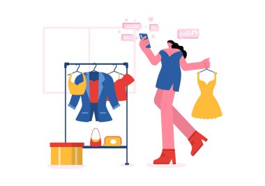 Moda Blog 'u için vektör illüstrasyonuComment of Moda Kıyafet Eğilimleri Videolarını İnceleyen, Düz Arkaplanda Çevrimiçi Bir Runway barındıran