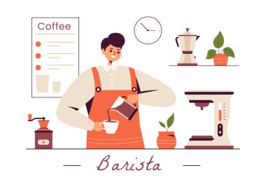 Barista Vektör İllüstrasyonu Önlük Giyiyor, Ayakta Duruyor ve Süt Kırbaçlıyor Bir Flat Style Karikatür Arkaplanındaki Bir Müşteri İçin Kahve Bardağına