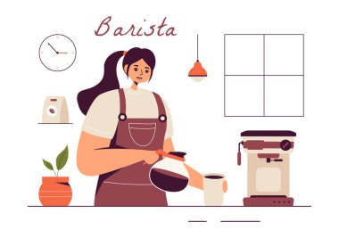 Barista Vektör İllüstrasyonu Önlük Giyiyor, Ayakta Duruyor ve Süt Kırbaçlıyor Bir Flat Style Karikatür Arkaplanındaki Bir Müşteri İçin Kahve Bardağına