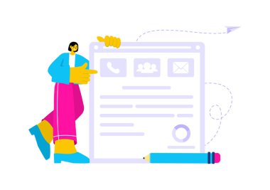 Profil Verisi, Özgeçmişi olan Kişisel Portföy Vektör İllüstrasyonu ya da Bir Düz Çizgi Film Arkaplanındaki Müşteri ve İşverenleri Çekme Kendini Geliştirme