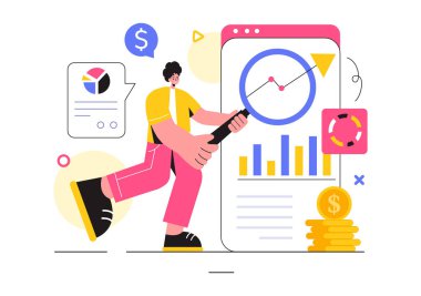 Düz Biçim Arkaplanında Veri İstatistikleri Oluşturmak İçin Takım Yönetimi ve Analizleriyle Piyasa Araştırması ve Analiz Vektörü İllüstrasyonu