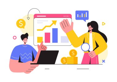 Düz Biçim Arkaplanında Veri İstatistikleri Oluşturmak İçin Takım Yönetimi ve Analizleriyle Piyasa Araştırması ve Analiz Vektörü İllüstrasyonu