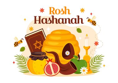 Mutlu Rosh Hashanah Yeni Yıl Yahudi Resimleri Elma, Nar, Bal ve Arı Düz Tarzlı Çizgi Arı Tarzında Yeni Yıl Tatili