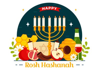 Mutlu Rosh Hashanah Yeni Yıl Yahudi Resimleri Elma, Nar, Bal ve Arı Düz Tarzlı Çizgi Arı Tarzında Yeni Yıl Tatili