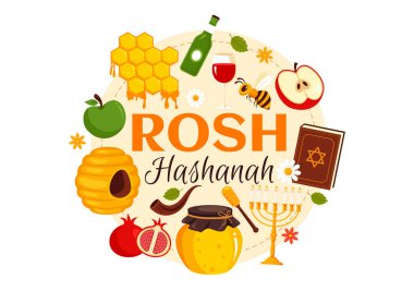 Mutlu Rosh Hashanah Yeni Yıl Yahudi Resimleri Elma, Nar, Bal ve Arı Düz Tarzlı Çizgi Arı Tarzında Yeni Yıl Tatili