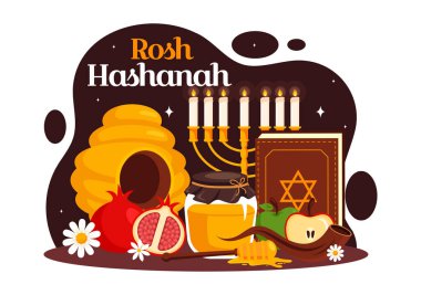 Mutlu Rosh Hashanah Yeni Yıl Yahudi Resimleri Elma, Nar, Bal ve Arı Düz Tarzlı Çizgi Arı Tarzında Yeni Yıl Tatili
