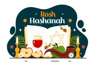 Mutlu Rosh Hashanah Yeni Yıl Yahudi Resimleri Elma, Nar, Bal ve Arı Düz Tarzlı Çizgi Arı Tarzında Yeni Yıl Tatili