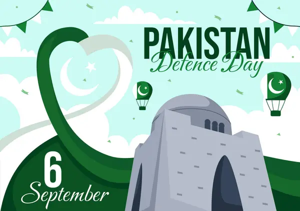 Stock vector Pakistan Defence Day Vector Illustration on 6th September featuring Waving Flag, Jets, Army, Building, and tanks in a Flat Style Cartoon Background