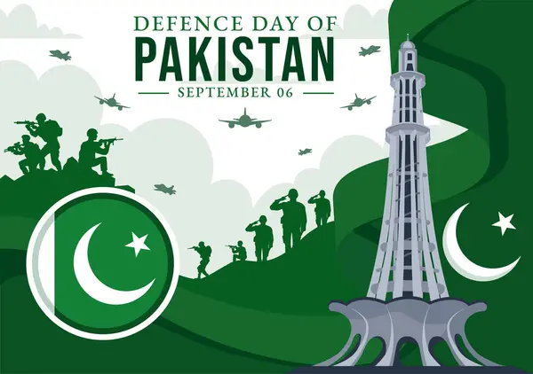 stock vector Pakistan Defence Day Vector Illustration on 6th September featuring Waving Flag, Jets, Army, Building, and tanks in a Flat Style Cartoon Background