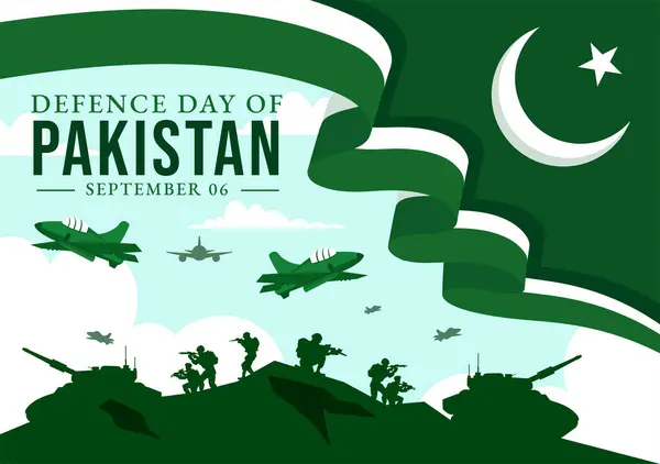 stock vector Pakistan Defence Day Vector Illustration on 6th September featuring Waving Flag, Jets, Army, Building, and tanks in a Flat Style Cartoon Background