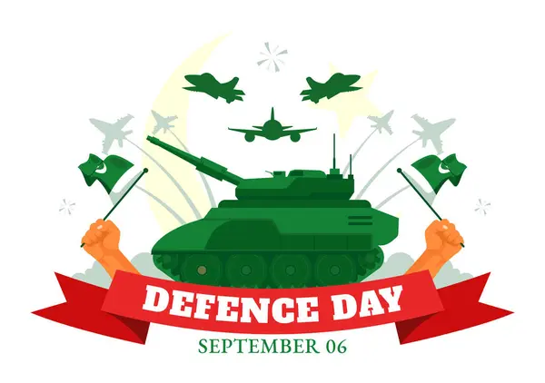 stock vector Pakistan Defence Day Vector Illustration on 6th September featuring Waving Flag, Jets, Army, Building, and tanks in a Flat Style Cartoon Background