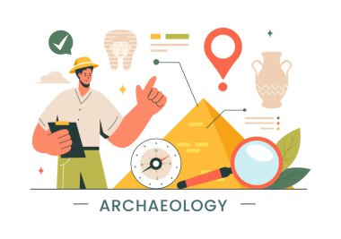 Arkeoloji Vektör İllüstrasyonunda düz bir karikatürde Antik Harabeler, Eserler ve Dinozor Fosilleri Arkeolojik Kazısı yer almaktadır.