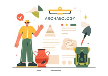 Arkeoloji Vektör İllüstrasyonunda düz bir karikatürde Antik Harabeler, Eserler ve Dinozor Fosilleri Arkeolojik Kazısı yer almaktadır.