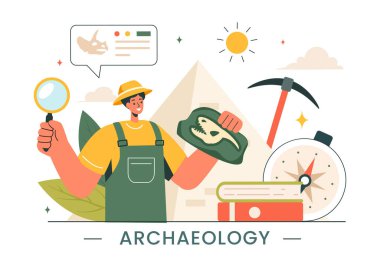 Arkeoloji Vektör İllüstrasyonunda düz bir karikatürde Antik Harabeler, Eserler ve Dinozor Fosilleri Arkeolojik Kazısı yer almaktadır.
