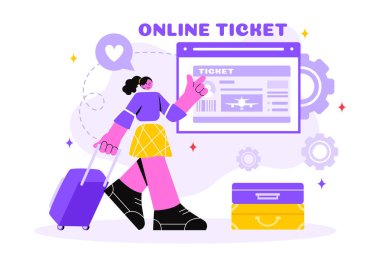 Çevrimiçi Seyahat Bilet Vektörü Resimleri Bir Taşımacılık ve Seyahat Sağlayıcı Uygulamasıyla Düz Biçimli Çizgi Arkaplan
