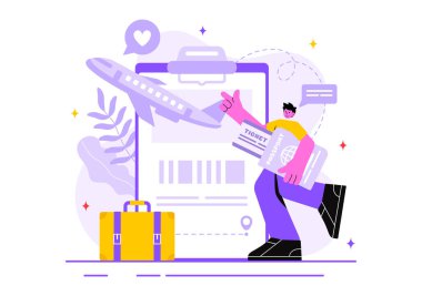 Çevrimiçi Seyahat Bilet Vektörü Resimleri Bir Taşımacılık ve Seyahat Sağlayıcı Uygulamasıyla Düz Biçimli Çizgi Arkaplan