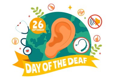 Sağır Vektör İllüstrasyonunun 26 Eylül 'de Yassı Biçimli Çizgi Film Arkaplanındaki Sağırlık ve Kulak Tedavisini Önleme Hakkında Bilinci Artırma Günü