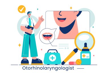 Bir Otorhinolaryngologun Kulak, Burun ve Boğaz Düz Arkaplanındaki Tıbbi Sorunlarla İlişkili Sağlık Ayarlarındaki Vektör İllüstrasyonuName