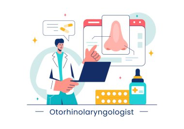 Bir Otorhinolaryngologun Kulak, Burun ve Boğaz Düz Arkaplanındaki Tıbbi Sorunlarla İlişkili Sağlık Ayarlarındaki Vektör İllüstrasyonuName