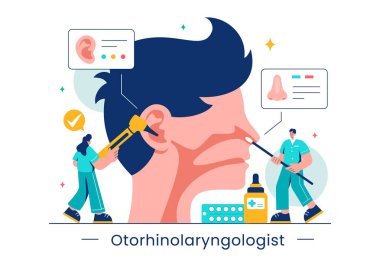 Bir Otorhinolaryngologun Kulak, Burun ve Boğaz Düz Arkaplanındaki Tıbbi Sorunlarla İlişkili Sağlık Ayarlarındaki Vektör İllüstrasyonuName