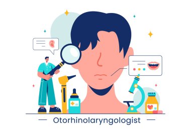 Bir Otorhinolaryngologun Kulak, Burun ve Boğaz Düz Arkaplanındaki Tıbbi Sorunlarla İlişkili Sağlık Ayarlarındaki Vektör İllüstrasyonuName