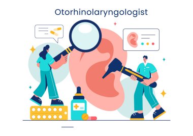 Bir Otorhinolaryngologun Kulak, Burun ve Boğaz Düz Arkaplanındaki Tıbbi Sorunlarla İlişkili Sağlık Ayarlarındaki Vektör İllüstrasyonuName