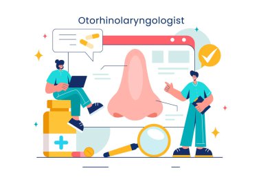 Bir Otorhinolaryngologun Kulak, Burun ve Boğaz Düz Arkaplanındaki Tıbbi Sorunlarla İlişkili Sağlık Ayarlarındaki Vektör İllüstrasyonuName