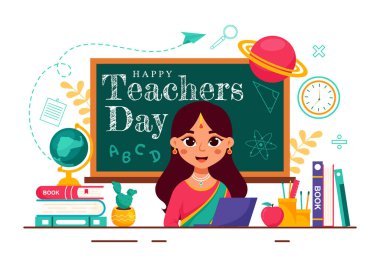 Hindistan 'da Öğretmenler Günü' nüz kutlu olsun vektör ilüstrasyonu. Geleneksel Giysileri ve Okul Malzemelerini Düz Çizgi Film Arkaplanında Giyen Öğretmen