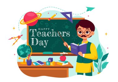 Hindistan 'da Öğretmenler Günü' nüz kutlu olsun vektör ilüstrasyonu. Geleneksel Giysileri ve Okul Malzemelerini Düz Çizgi Film Arkaplanında Giyen Öğretmen